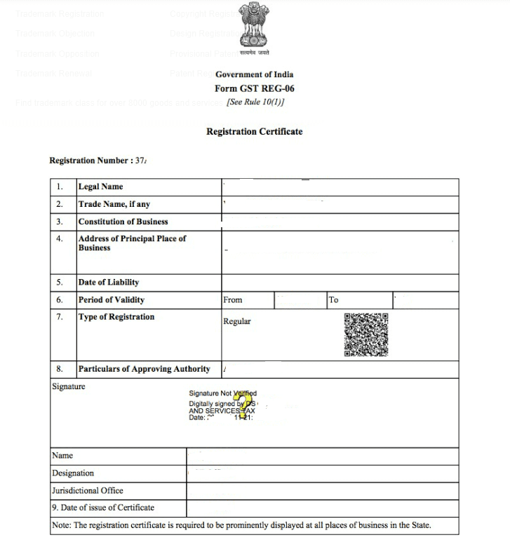 Sample of GST registration certificate