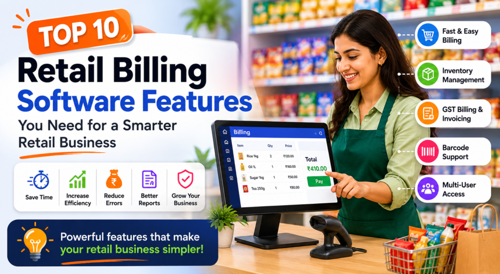 Top retail billing software features for faster billing, GST invoicing, inventory management and barcode support