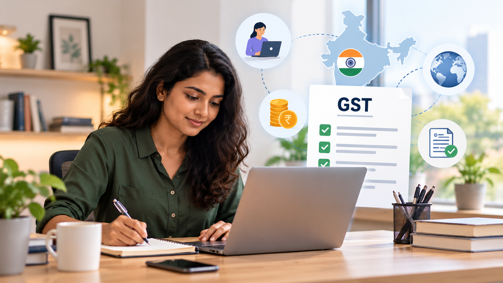 Indian freelancer reviewing GST registration and compliance requirements while working on a laptop.