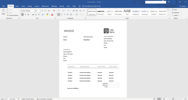sample invoice format in word