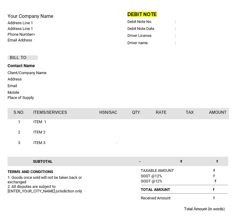 Sample of debit note format in word