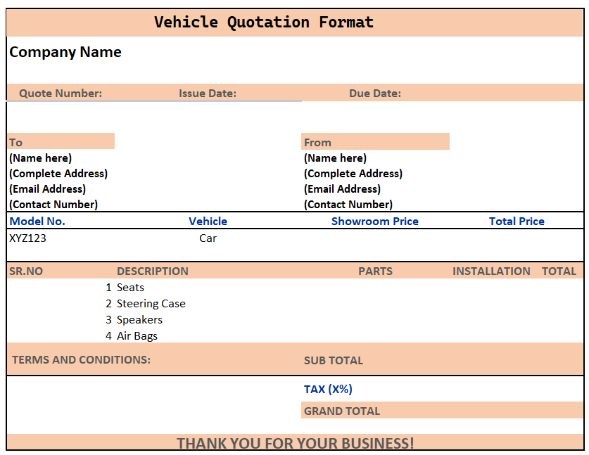 sample car quotation format