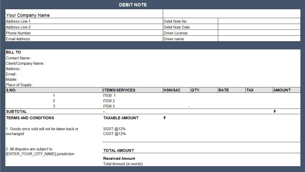 Sample of Debit Note Format