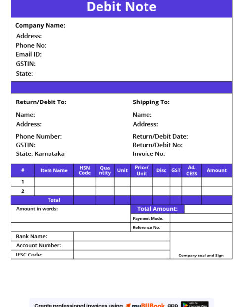 Debit Note Format Debit Note Format