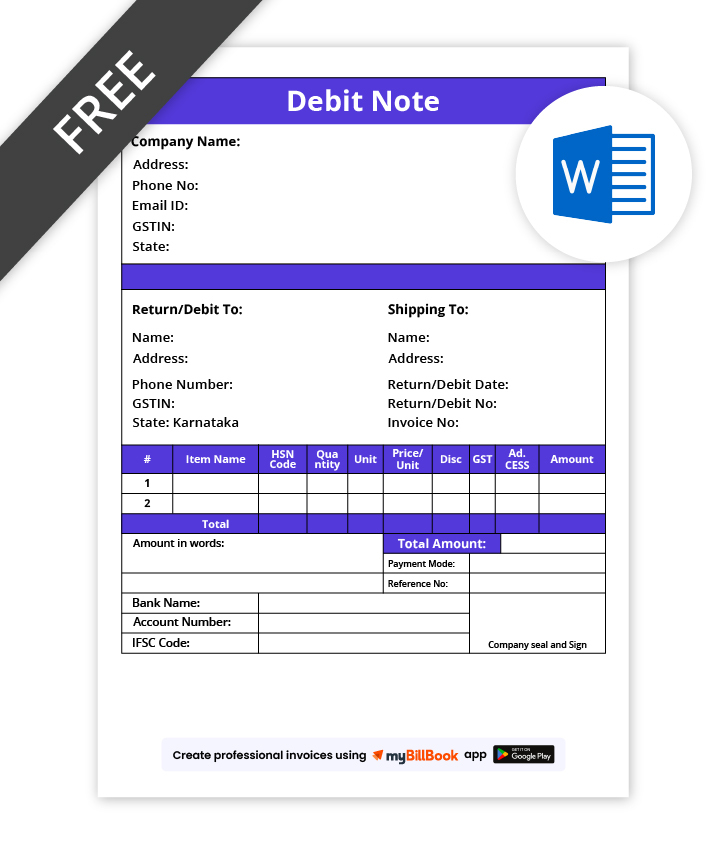 Debit Note Format in Word