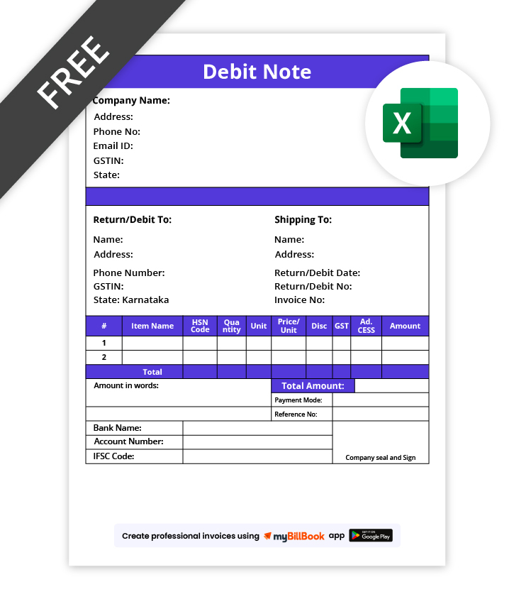 Debit Note Format in Excel