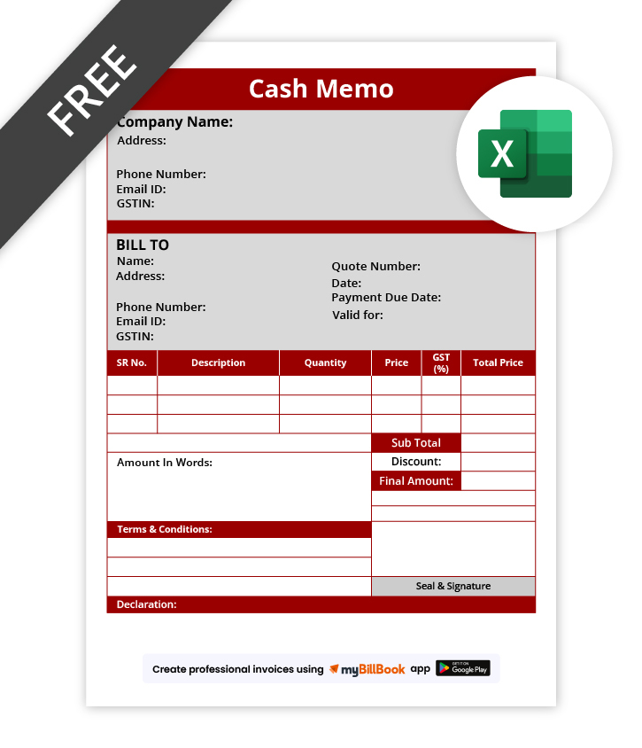 cash memo format in excel