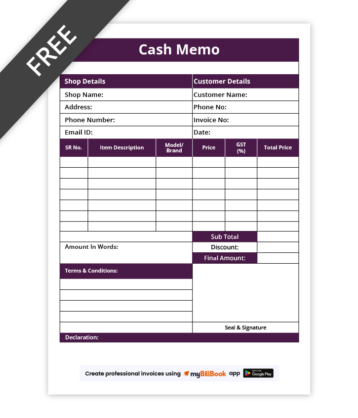 simple cash memo format