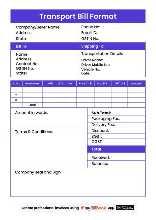 Transport bill format