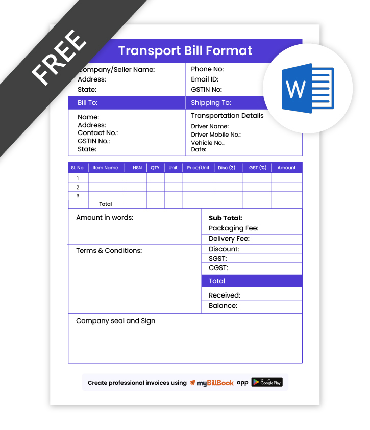 Transport bill format in word