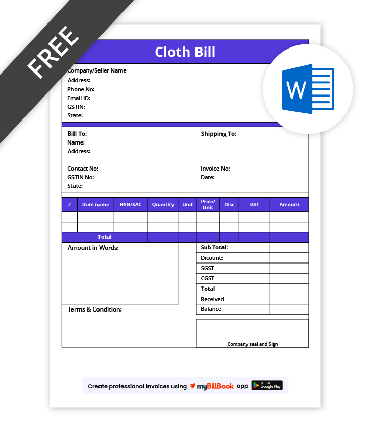 Cloth Bill Format in wo