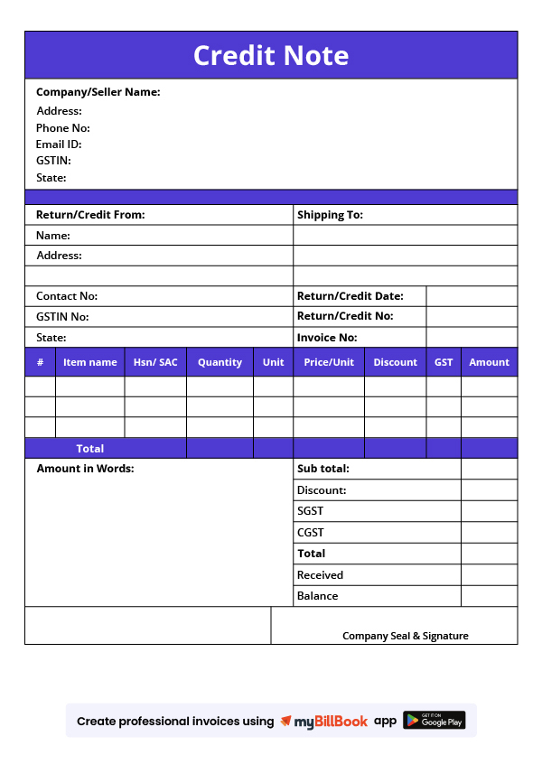 Credit Note Format In Excel