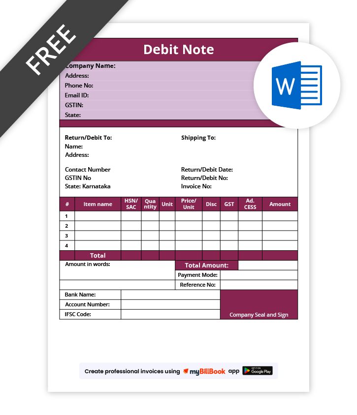 Advanced debit note format in word