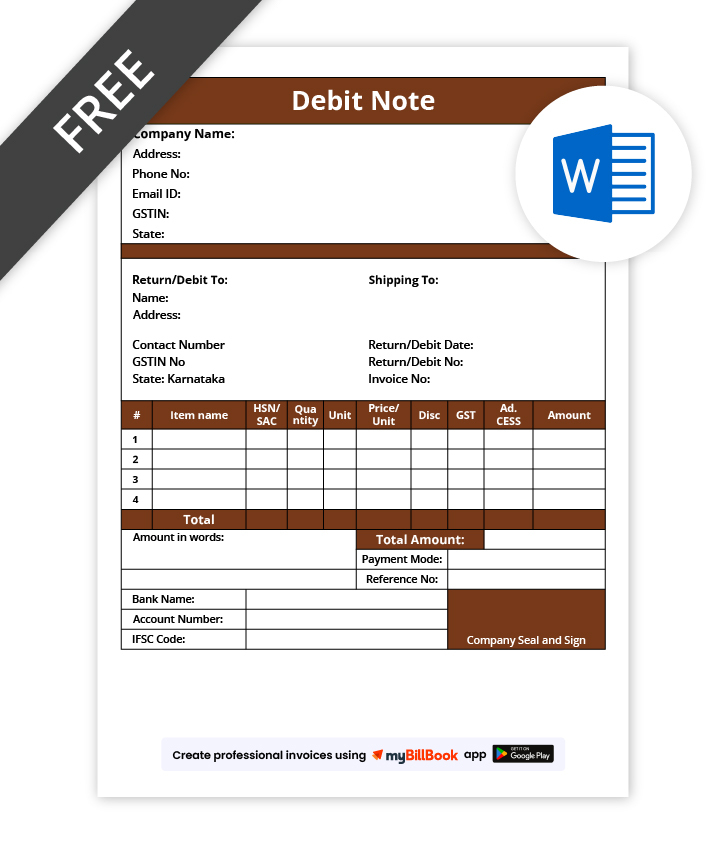 Simple debit note format in word