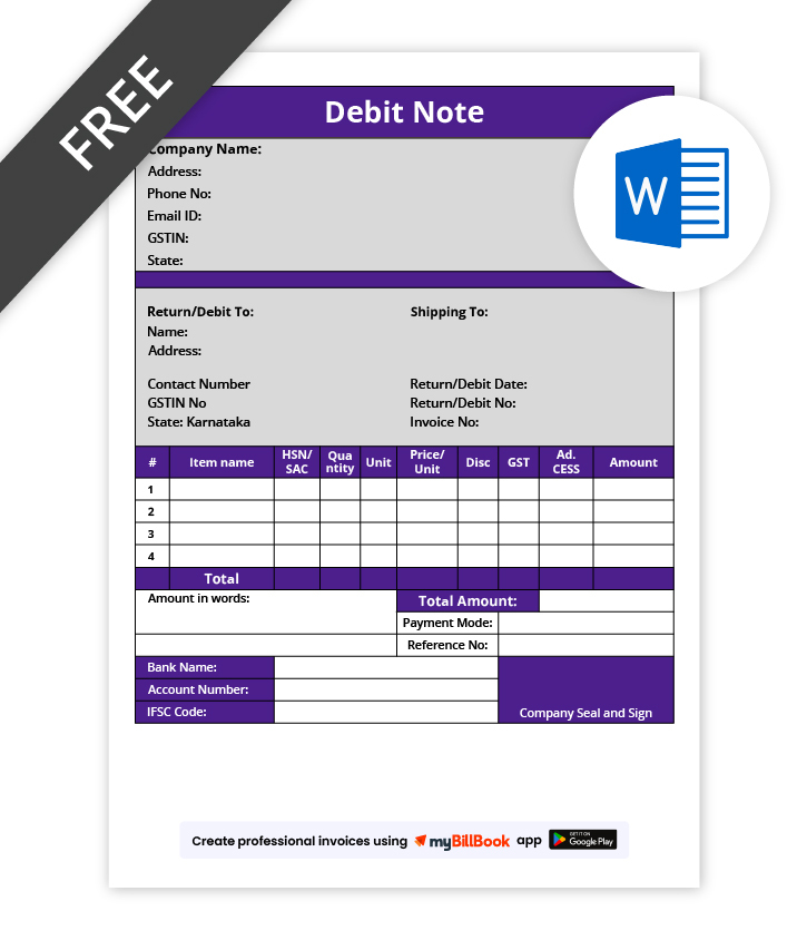 Stylish debit note format in word