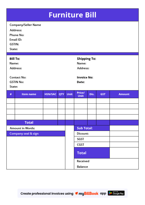 furniture bill format