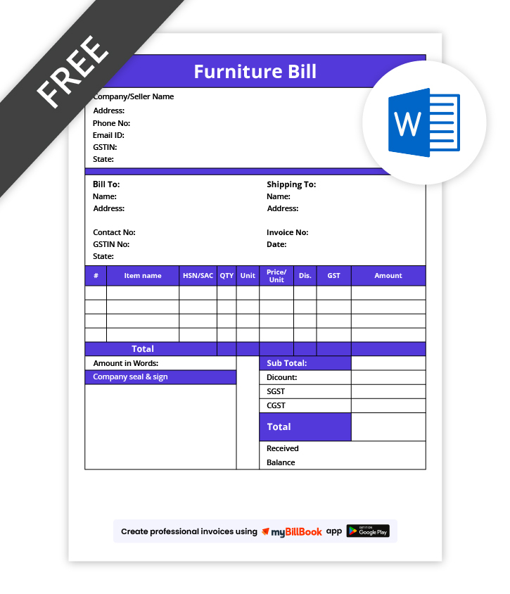 Furniture Bill format in word