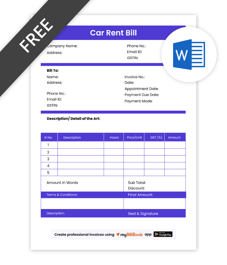 Car Rental Bill Format In Word