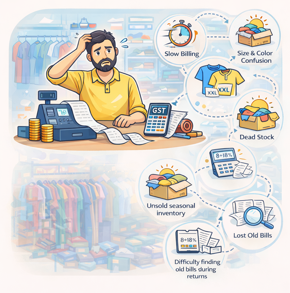 Frustrated garment shop owner handling manual billing, stock confusion, GST calculations, and misplaced invoices inside clothing store