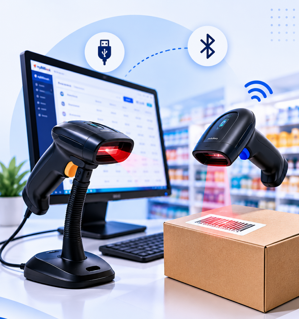 Wired and wireless barcode scanners connected with billing software for faster product scanning and invoice creation.