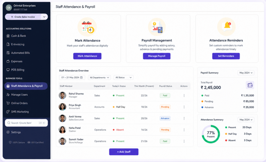 Staff attendance and payroll dashboard