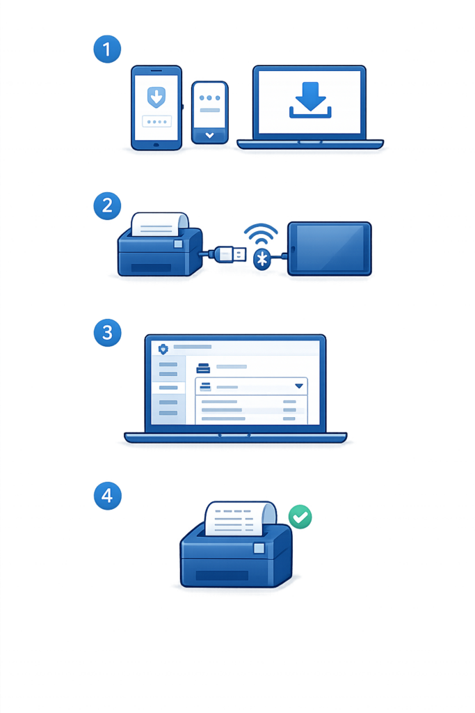 Four-step visual guide showing app installation, printer connection, printer model selection, and test receipt printing for billing hardware setup.