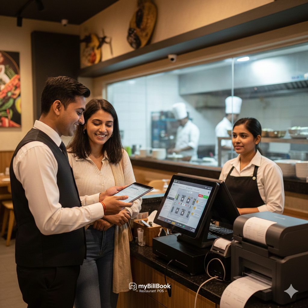 Restaurant owner using billing software to create food bills, manage orders, and track restaurant sales digitally.