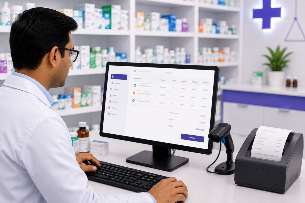 Pharmacist using myBillBook pharmacy billing software to create a GST invoice, manage medicine stock, batch details, and expiry tracking at a medical store counter.