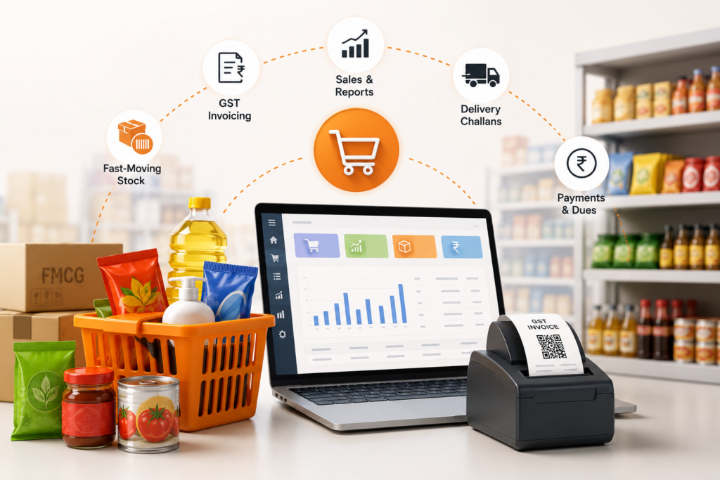 FMCG billing software dashboard for managing GST invoices, fast-moving stock, payments, delivery challans, sales reports, and FMCG product billing.