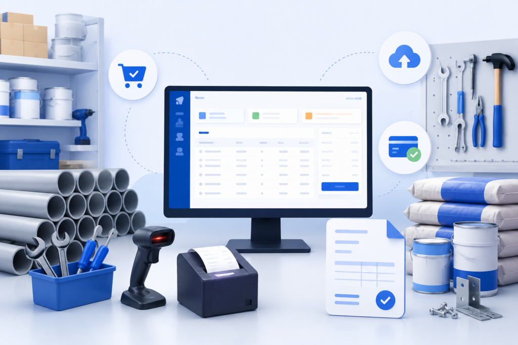 Hardware billing software dashboard at a hardware shop counter with GST invoice, stock items, tools, barcode scanner, bill printer, and payment icons.