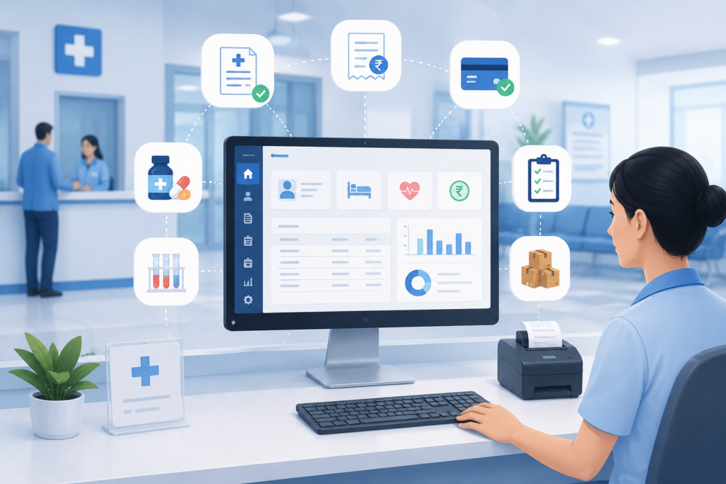 Hospital billing software dashboard used at a hospital reception desk for managing patient bills, invoices, payments, lab records, and inventory
