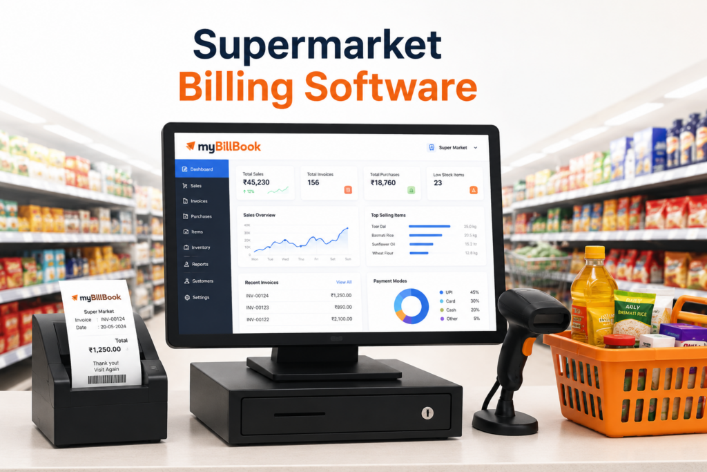 Supermarket billing software interface on myBillBook POS screen with barcode scanner, GST invoice printer, inventory icons, and supermarket products at checkout counter.