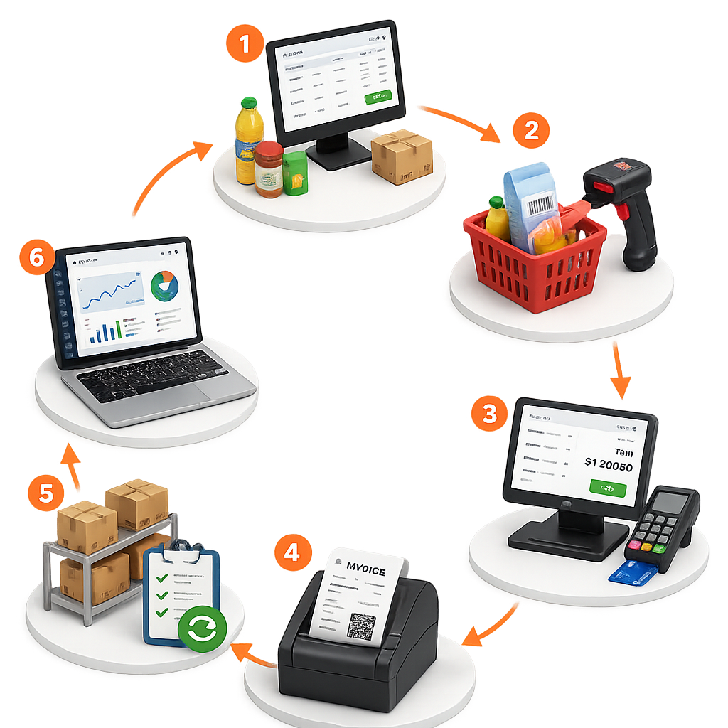 Step-by-step supermarket billing workflow in myBillBook showing product entry, barcode scanning, payment selection, GST invoice printing, stock update, and reports dashboard.