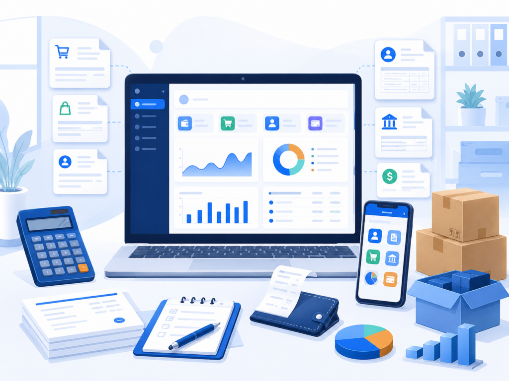 Free accounting software dashboard for managing invoices, sales, purchases, payments, customer records, expenses, and business reports