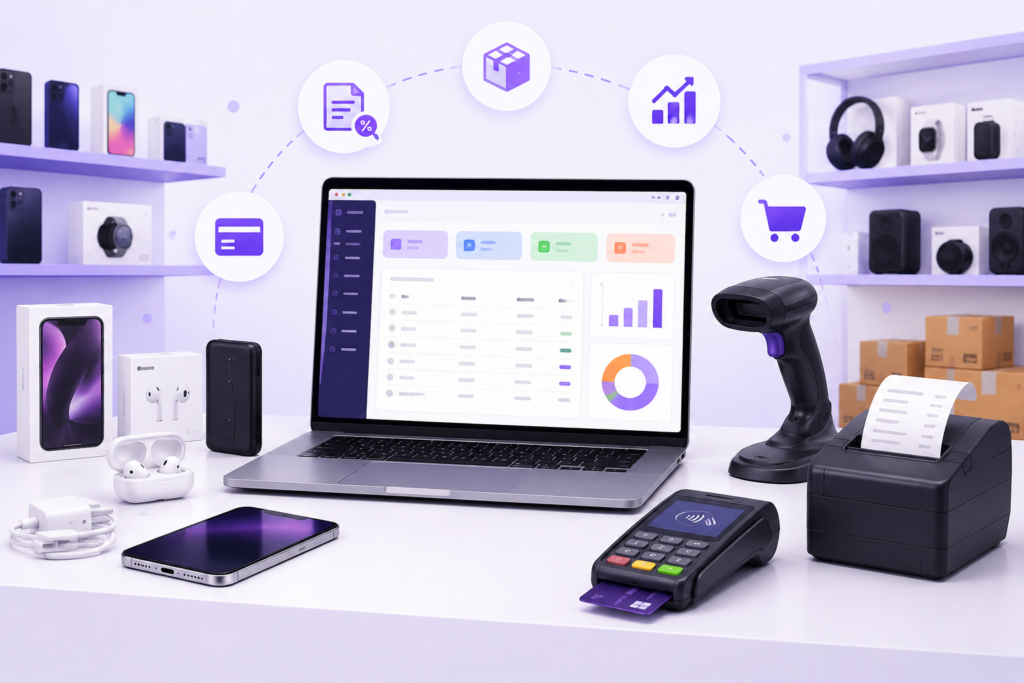 Electronics shop billing software dashboard with mobile phones, accessories, barcode scanner, bill printer, payment terminal, inventory, GST invoice, and sales report icons.