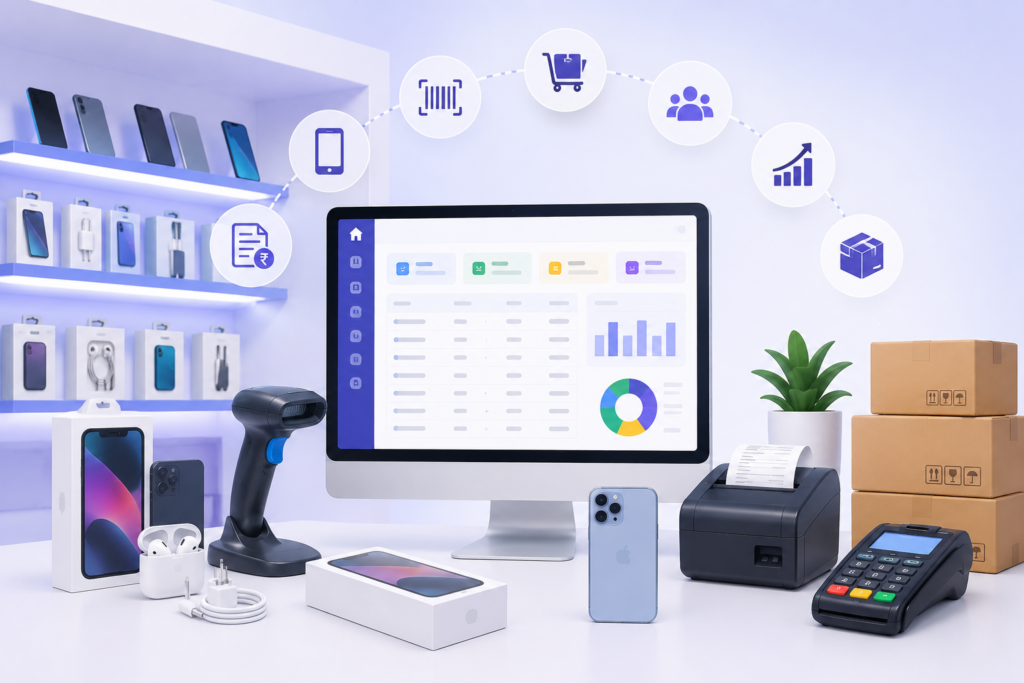 Mobile shop billing software dashboard with phones, accessories, barcode scanner, bill printer, payment terminal, inventory, GST invoice, and sales report icons