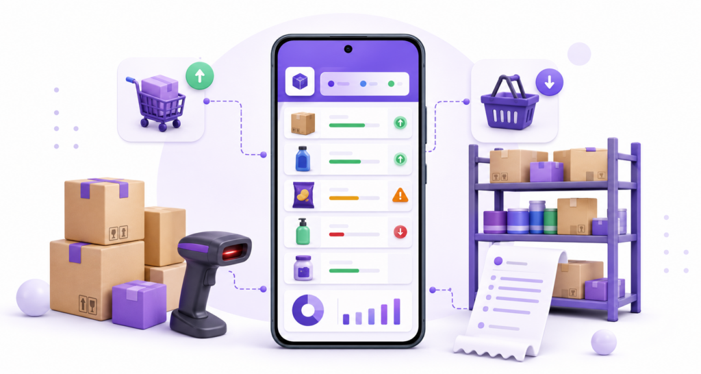 myBillBook inventory management app showing stock tracking, barcode scanning, low-stock alerts and warehouse inventory updates.