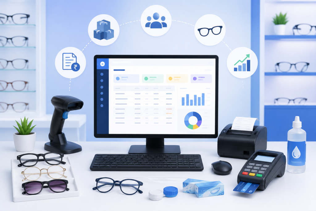 Optical billing software dashboard at an optical shop counter with eyeglass frames, contact lenses, barcode scanner, bill printer, payment terminal, inventory, customer record, and sales report icons