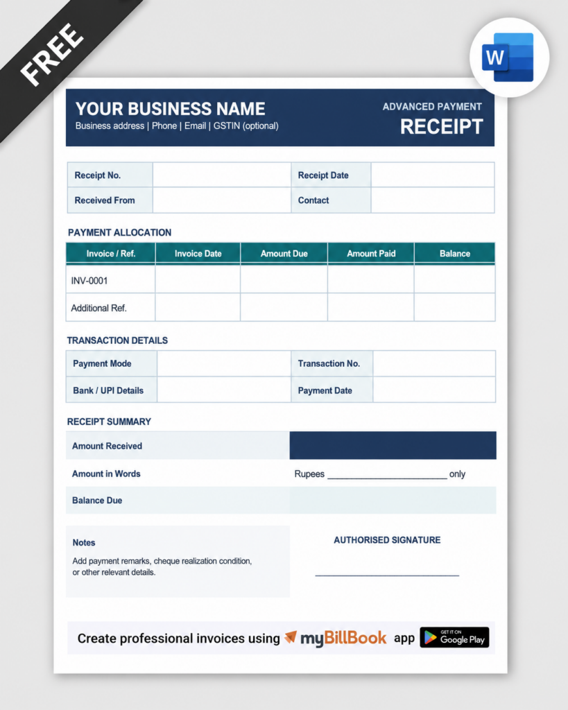 Advance Payment Receipt Word Format