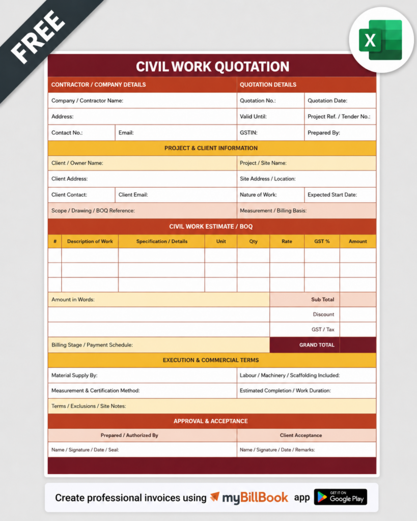 Civil Quotation Format Excel