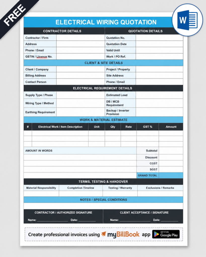 Electrical Quotation Format In Word