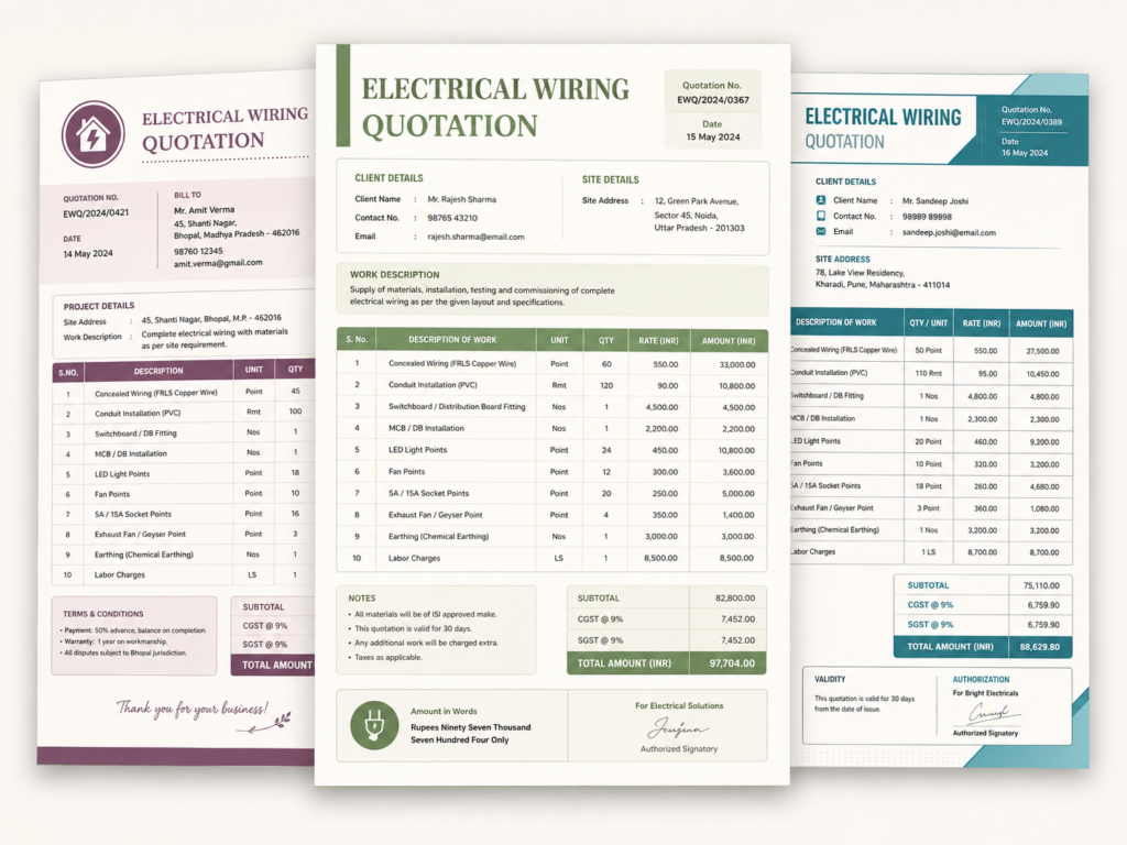 Electrical Wiring Quotation Format Templates