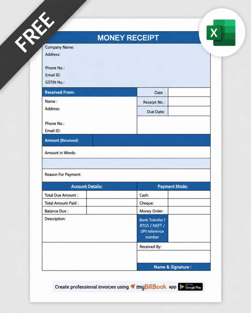 Money Receipt Format In Excel