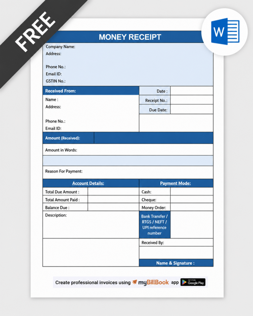 Money Receipt Format In word