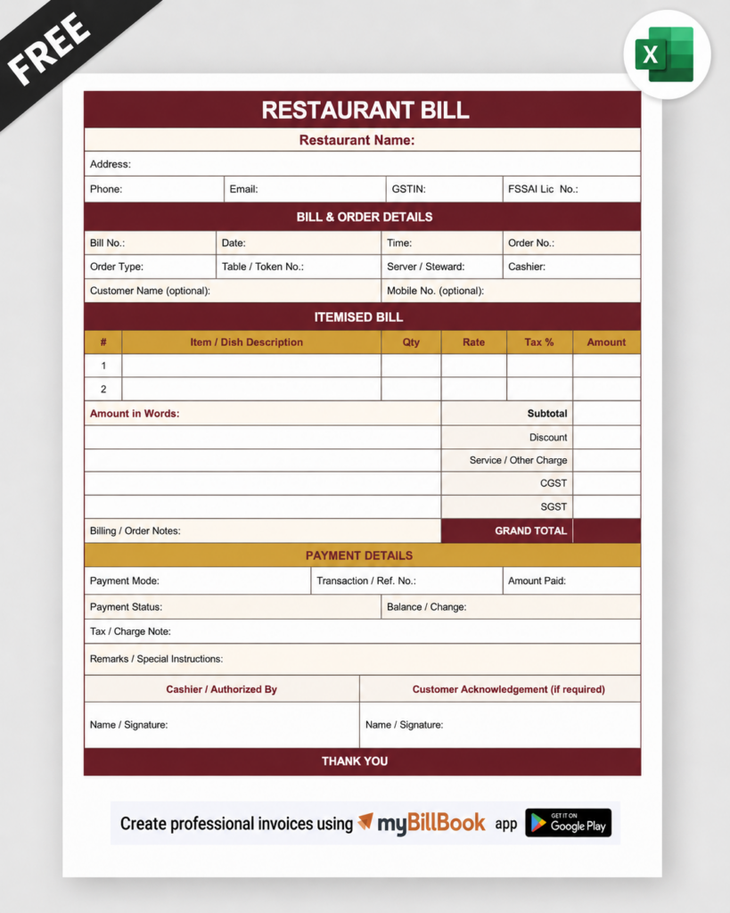Restaurant Bill Format Excel
