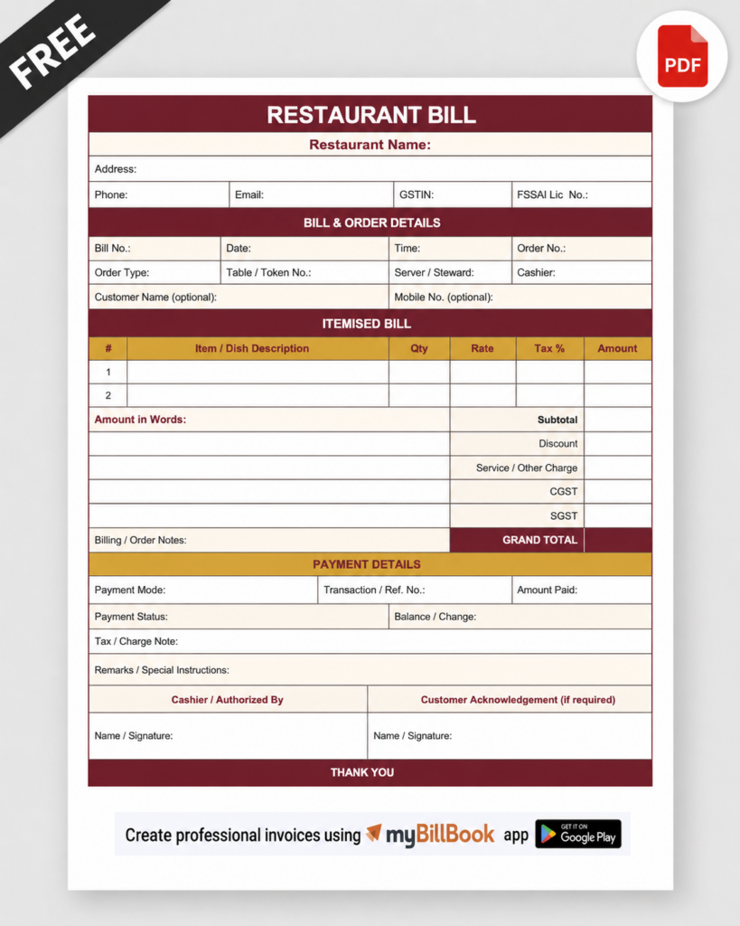 Restaurant Bill Format PDF