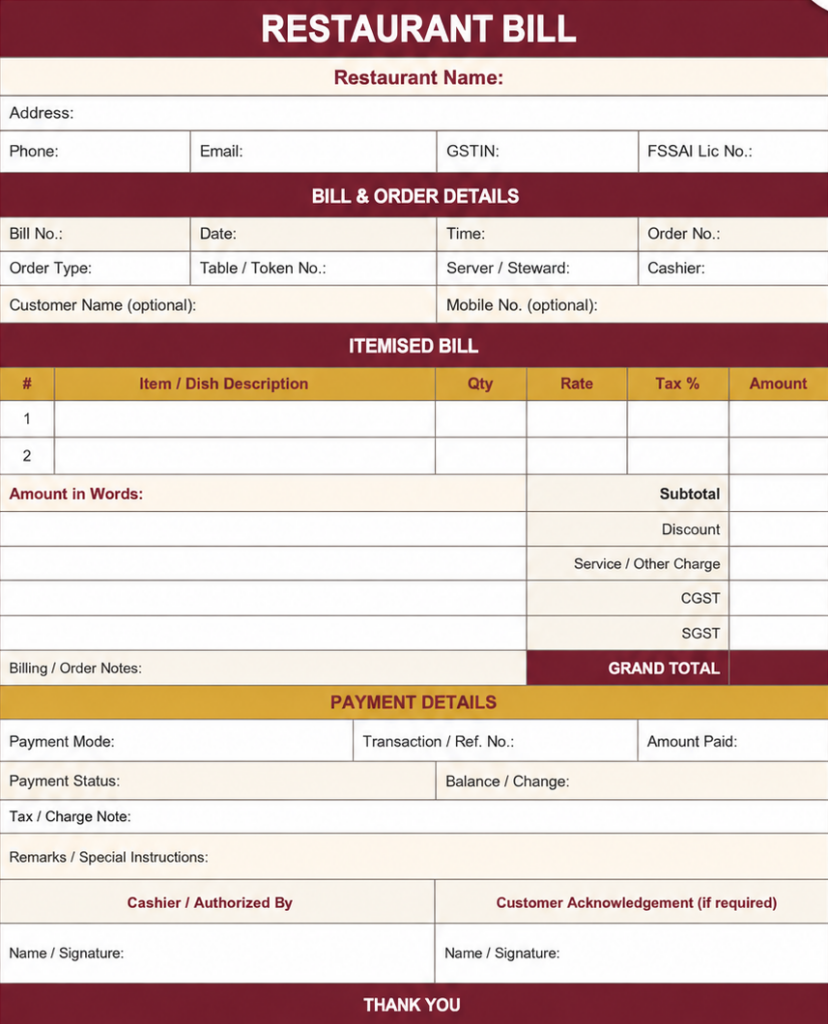 Restaurant Bill Format Sample