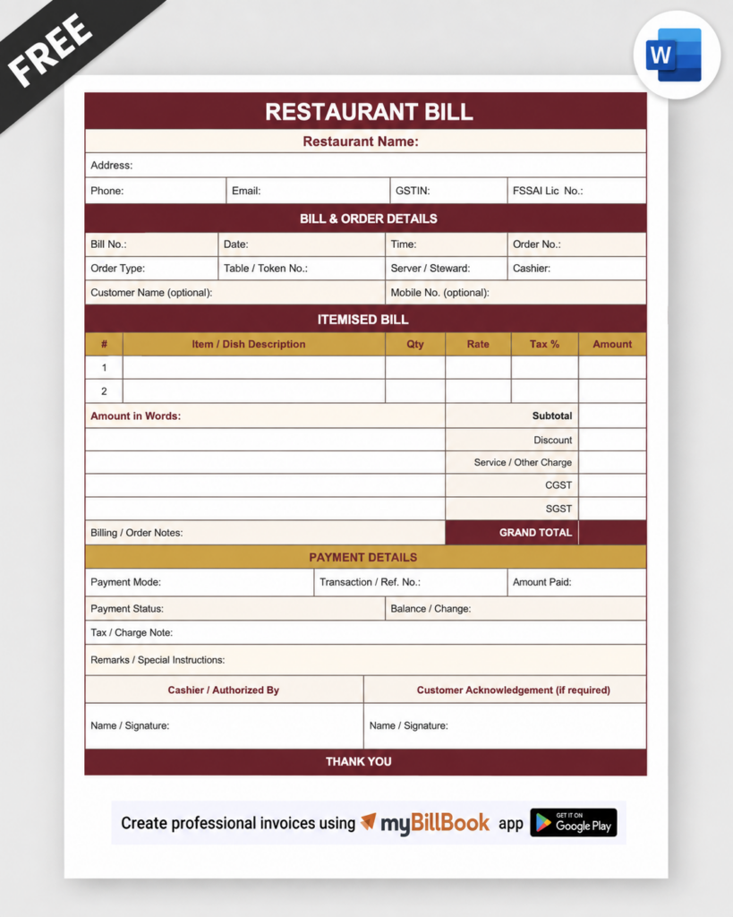 Restaurant Bill Format Word