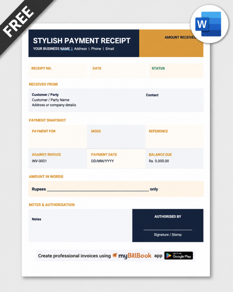 Stylish Payment Receipt Word Format