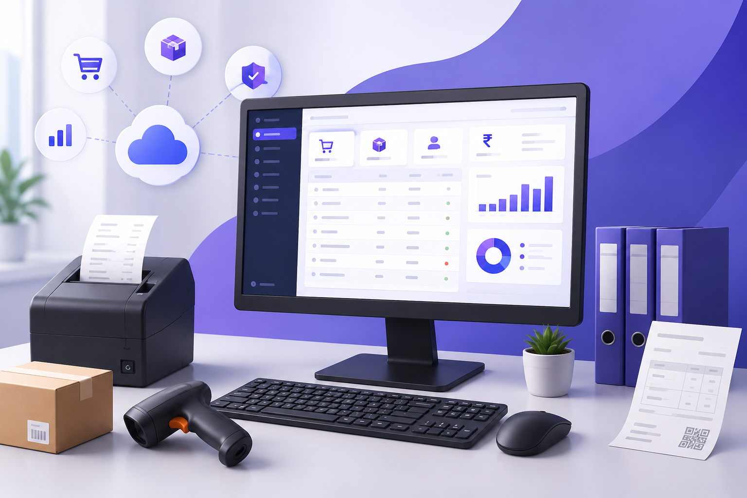`Desktop billing software with receipt printer, barcode scanner, inventory dashboard and invoices`